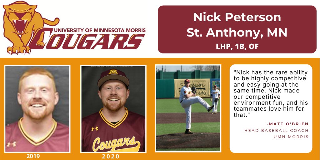 UMMCougarBB's tweet photo. We are honoring our Cougar ⚾️ Seniors this week, each of them having their own day of celebration.
This is Part 2 of 2: Nick Peterson @nickeydpete
 
Teammates describe him as easy-going, competitive, funny, energetic, guy you want in a big spot. #SeniorSendoff #PlayforthePile https://t.co/HiNzxVVSSV