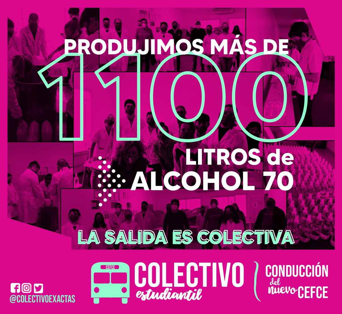colectivoexacta's tweet photo. MAS DE 1100 LITROS DE ALCOHOL PRODUCIDOS

A través de las Brigadas Sanitarias de la Facultad, y junto a muchxs estudiantes llegamos a producir más de 1100 litros de alcohol 70 para la distribución en barrios vulnerables e instituciones sanitarias.

La Salida es Colectiva https://t.co/Ue5AVgYIMg