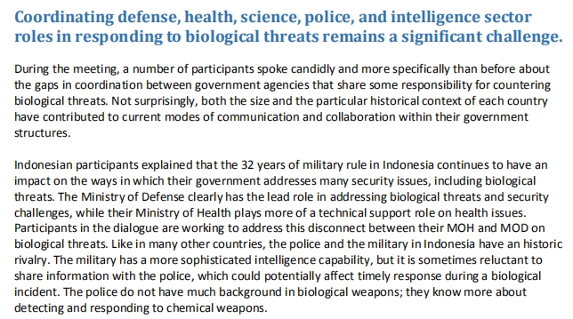 Another exercise is the Strategic Multilateral Dialogue on Biosecurity held on December 2-3, 2015 in Kuala Lumpur, Malaysia. This is an excerpt of the problem explained by the Indonesian delegation, pre exercise.