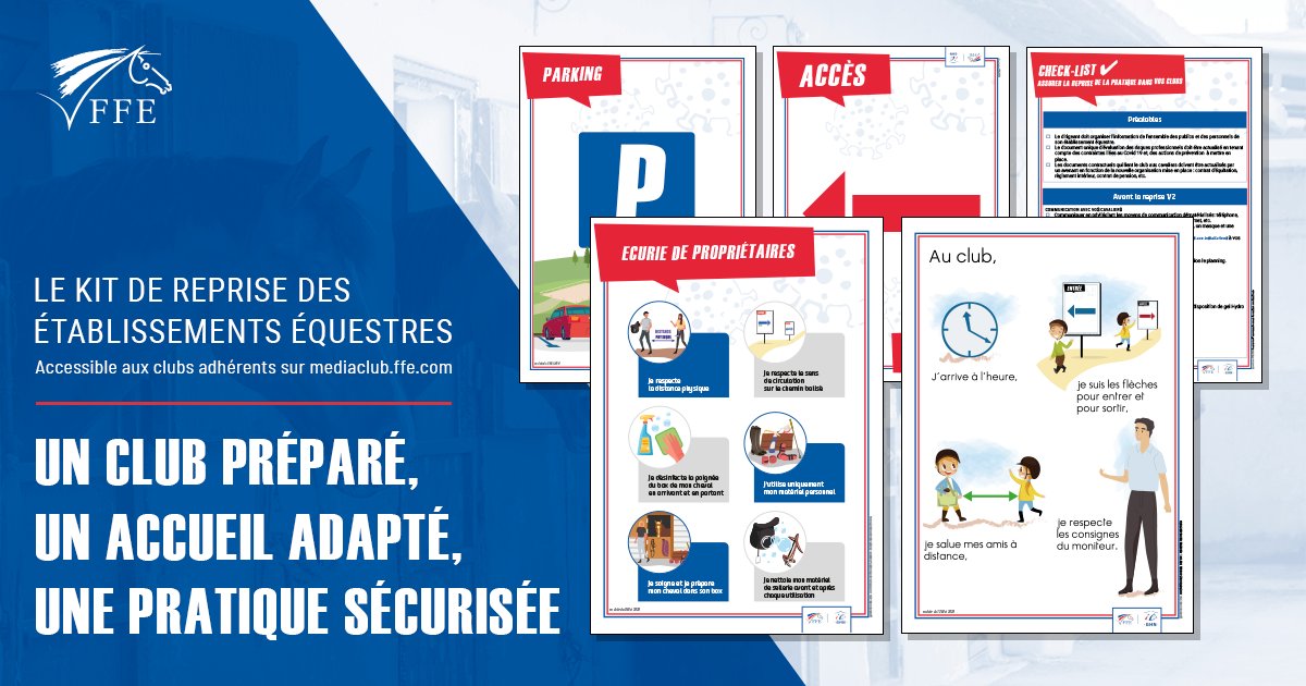Pr accompagner les clubs &amp; les cavaliers dans l’application des mesures sanitaires, la <a href="/FFEquitation/">Fédération Française d'Équitation</a> a mis à disposition des clubs adhérents des kits de reprise sur mediaclub.ffe.com.🐴
Ces mesures permettront de pratiquer ce #sport de plein air en toute sécurité.
#reprise