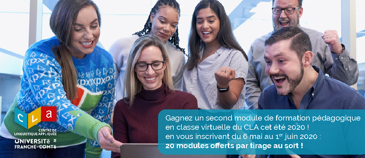 cla_besancon's tweet photo. Cet été, avec le CLA @fc_univ ➡️nouveau parcours de formation de formateurs à la carte 👩‍💻classe virtuelle👨‍💻 https://t.co/CkqtmW4P55 99 modules, du 01/05 au 28/08
👉 le plus + de cette année  jeu concours☑️ : Gagnez une autre inscription gratuite par tirage au sort !😊 https://t.co/nvk3GgoNQh