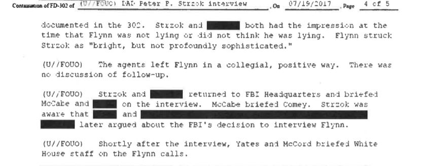 If the FBI was intent on setting up Flynn, Strzok made a major blunder in an interview with FBI agents in July 2017 (four months before Flynn pleaded guilty). He admitted he didn't think Flynn was lying at the time or that Flynn himself thought he was lying. This is important