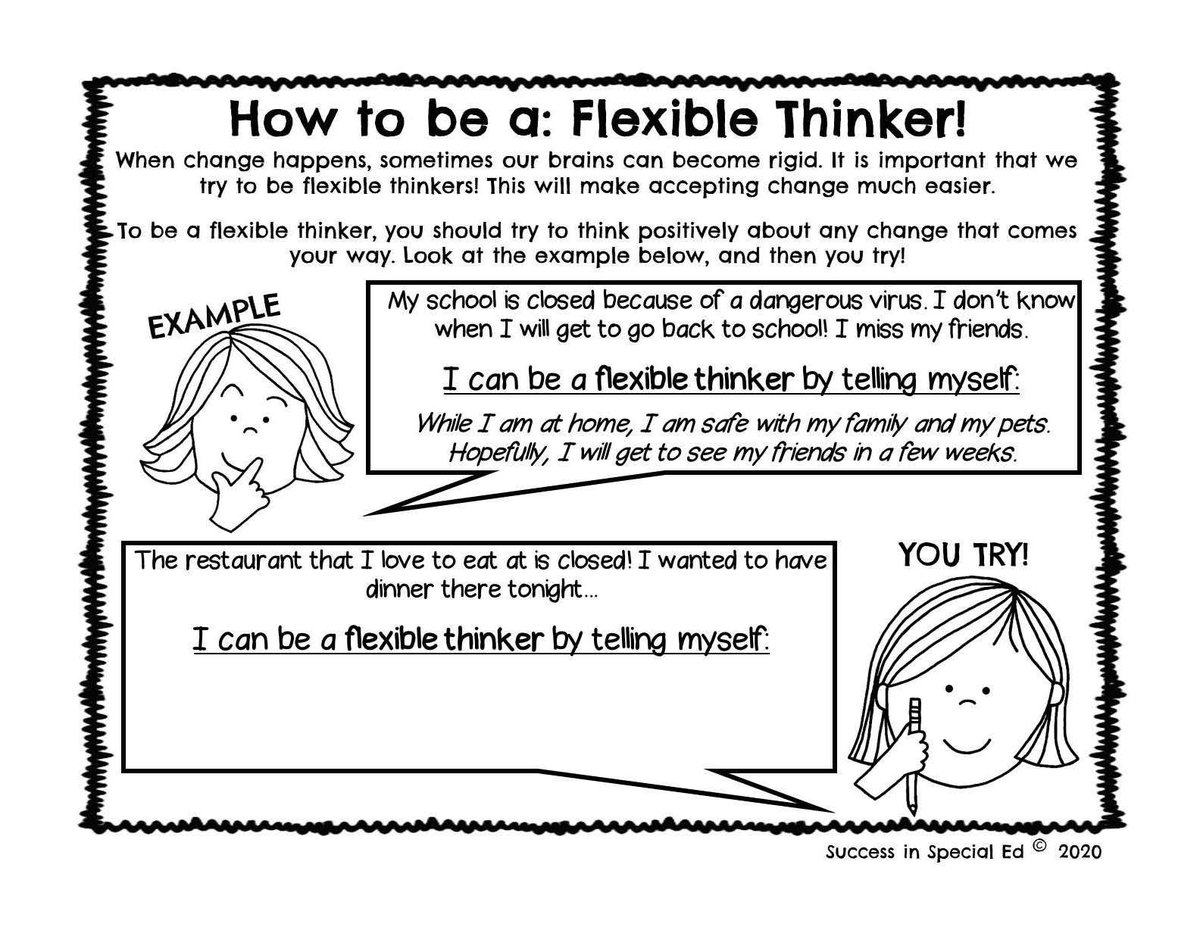 With so many changes happening, it is important for our students to become Flexible Thinkers! This is not easy but with practice our brains become less rigid and more flexible. Try out this exercise below. Can you think of other situations that require flexible thinking? #cbe