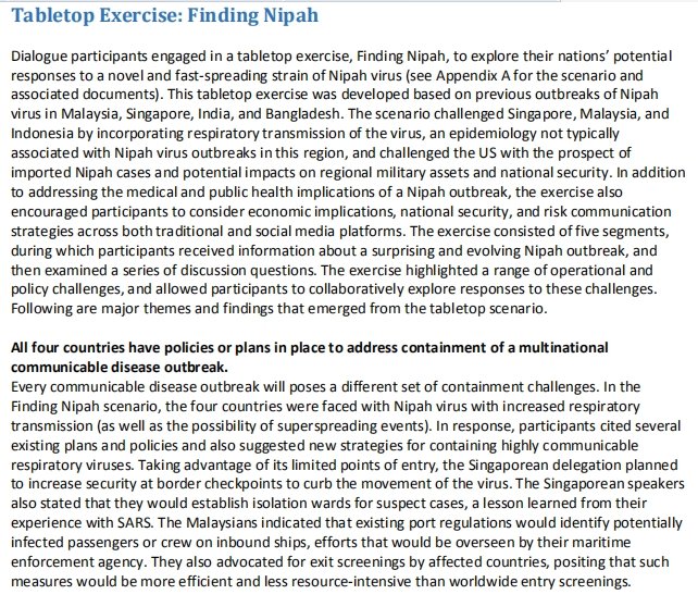 The "Finding Nipah" tabletop exercise contains findings that are familiar with today's problems:Issues with ventilators, hospital beds, etc. "Effective media engagement"... Are the lessons heeded?