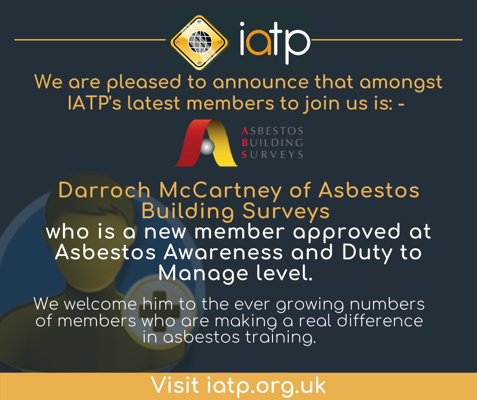 IATP_Asbestos's tweet photo. We're pleased to announce that amongst IATP's latest members to join us is Darroch McCartney of @askabs  who is a new member approved at Asbestos Awareness and Duty to Manage level. We welcome them to the ever growing numbers of members!

Visit https://t.co/sPcEsa1CWV https://t.co/8uZeHDcSRR