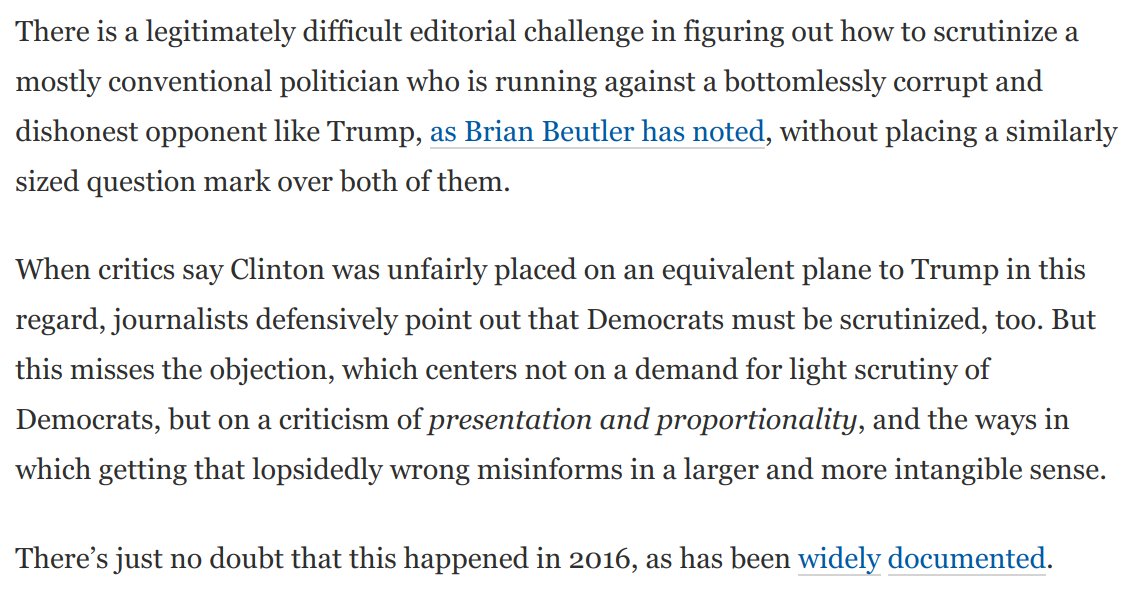 When people criticize the media for "But Her Emails," journos often respond that critics don't want Dems scrutinized.But that misses the objection, which is about *presentation and proportionality,* and creating misleading *impressions* of equivalence. https://www.washingtonpost.com/opinions/2020/05/14/2016-nightmare-is-already-repeating-itself/