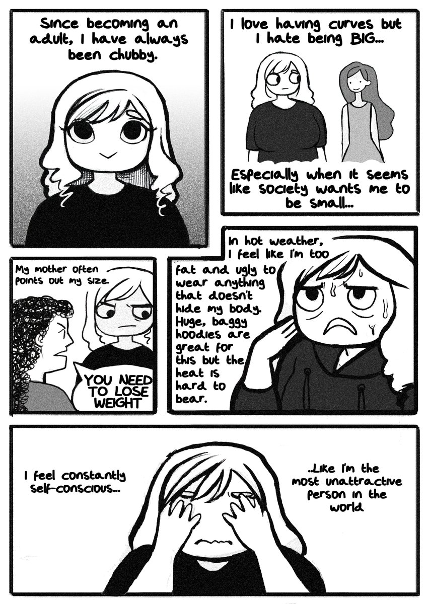Looking back on old art and found this comic from 2017! My comics have come a long way in three years wowie. Also I wanna hug 2017. Fatphobia is gross. I was perfect the way I was ? 