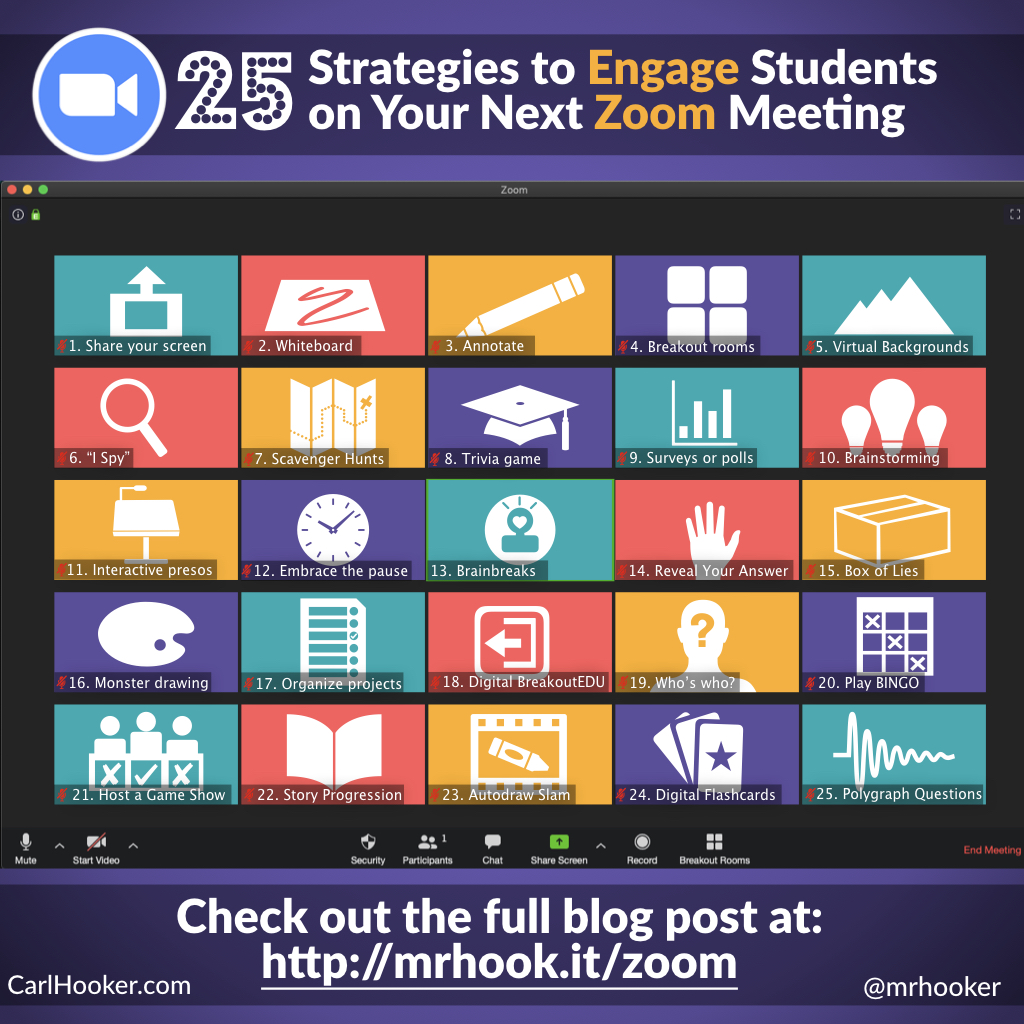 mrhooker's tweet image. Teachers - Looking for some ways to engage your students in the final weeks? Here’s my post on 25 Strategies to Engage Students on Your Next Zoom Meeting - hookedoninnovation.com/2020/05/13/25-… #COVID19EDU #DistanceLearning #RemoteHacks #RemoteLearning