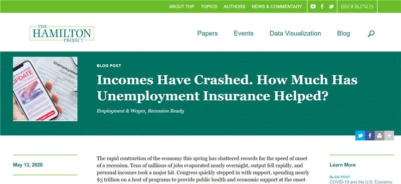 . @RyanDNunn,  @janamkparsons, and  @JayCShambaugh released a new analysis on one of the most important pieces of economic policy support since the onset of  #COVID19 in the U.S.— the rapid expansion of  #unemployment insurance ( #UI):  https://www.hamiltonproject.org/blog/incomes_have_crashed_how_much_has_unemployment_insurance_helped