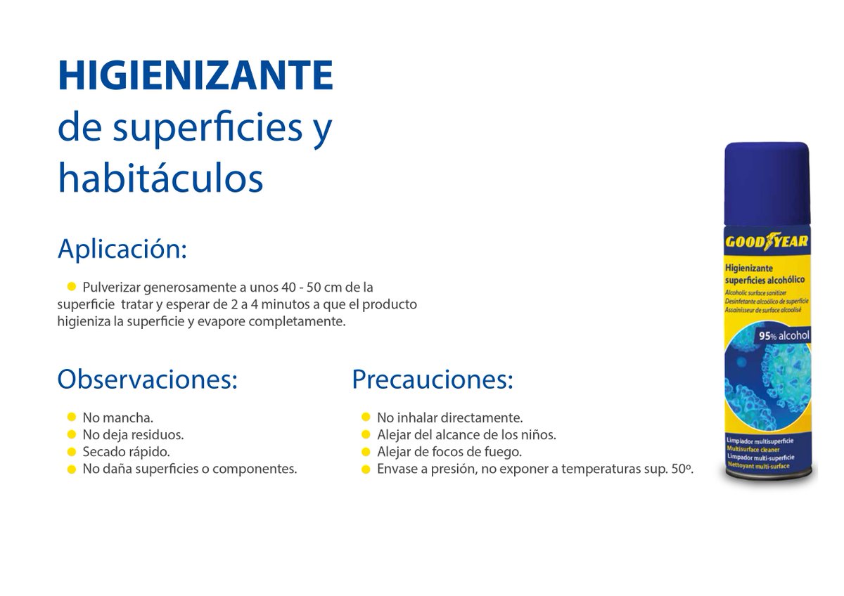 Nos llegan varios sprays desinfectante GOODYEAR de superficies de 500 ml. Potente limpiador alcohólico para higienizar las superficies y habitáculos de cualquier tipo de material, permite prevenir contagios víricos. 
Precio: 16 euros IVA incluido. Portes no incluidos.