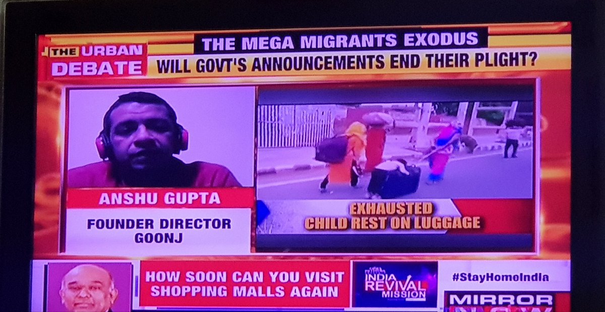 "People who have food are inside and people who don't have food are outside. 
Who are these people, on the roads?? The same people who  built our houses. 
We have "karja" of these people and we need to fix this crisis &amp; save them right away." Says <a href="/anshugoonj/">Anshu Gupta</a> of <a href="/goonj/">GOONJ</a> .