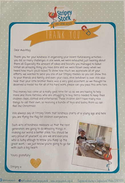 everyone,

A huge thank you to everyone who has made a donation on Ava-Mays page. She has rasied a whopping £1,762.13. The amount will be split evenly between @NHSCharitiesTogether and <a href="/StripeyStork/">Stripey Stork</a>. This morning she received a medal and a letter from Stripey. 
Thank you.