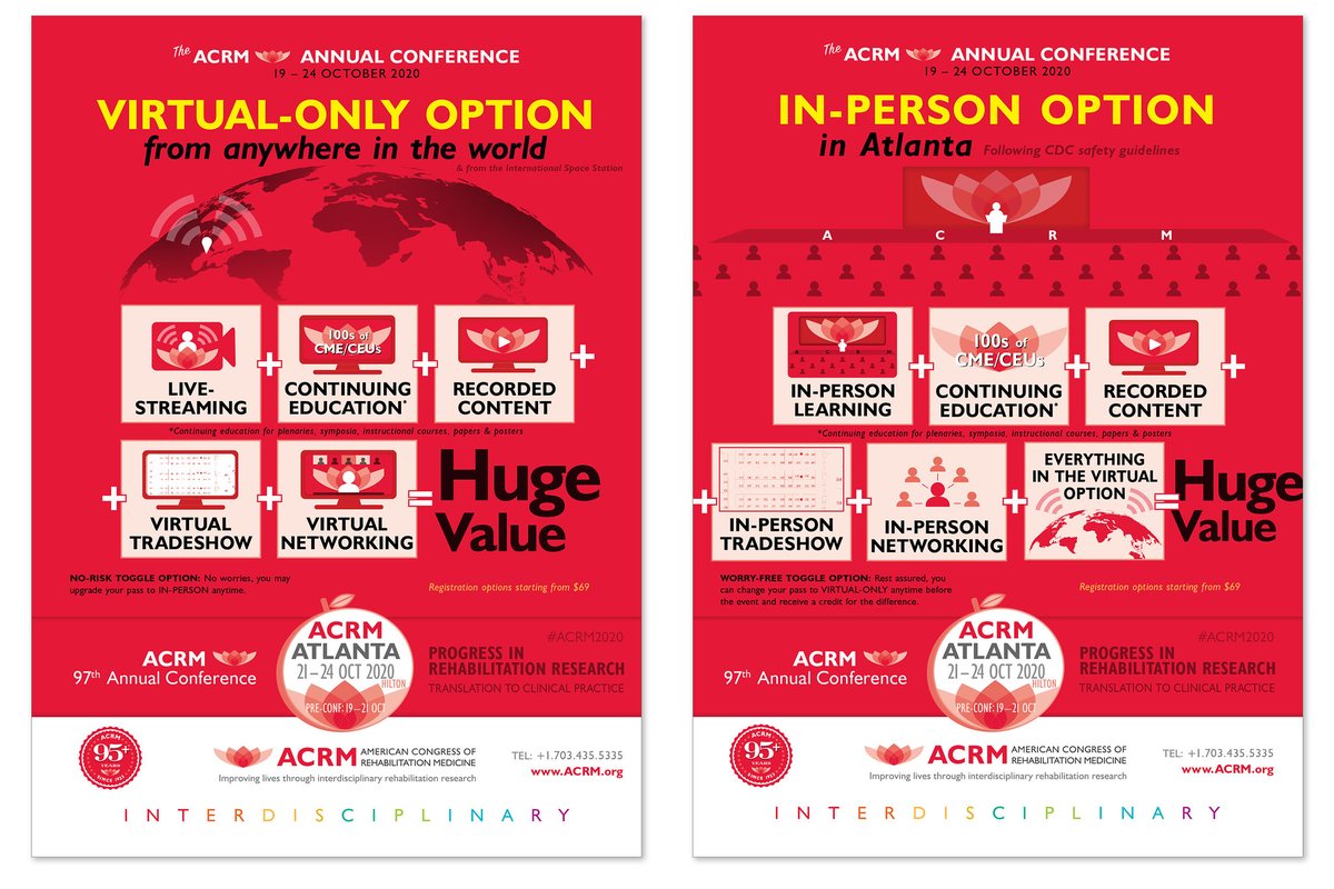#ACRM2020 &amp; now #ACRM2020virtual
Same great event, two new options
Because of the #pandemic, this year we now have 2 registration options for the ACRM Annual Conference:
IN-PERSON &amp; VIRTUAL-ONLY
Go to ACRM.org/register
#rehabilitation #improvelives #physiatry
