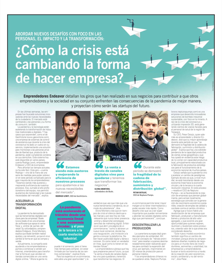 Emprendedores Endeavor detallan los giros que han realizado en sus negocios para contribuir a enfrentar las consecuencias de la pandemia de mejor manera, y proyectan cómo serán las startups del futuro. Léelo en <a href="/ElMercurio_cl/">elmercurio_cl</a>: bit.ly/2Z4uKGu