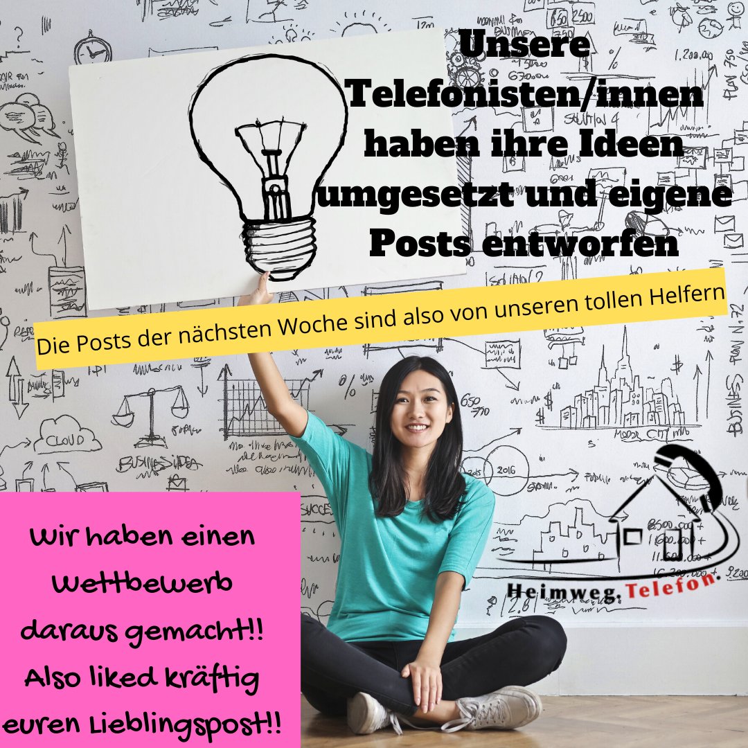 Heimwegtelefon's tweet photo. Wieder etwas neues: Unsere Telefonisten haben Posts entworfen und wir haben einen Wettbewerb daraus gemacht! Der Post mit den meisten Likes auf Facebook gewinnt. Also unterstützt euren Lieblingspost mit einem Like!
#wasneues #telefonistenhabenideen #neueposts #heimwegbegleitung https://t.co/xtHG8oEJBm