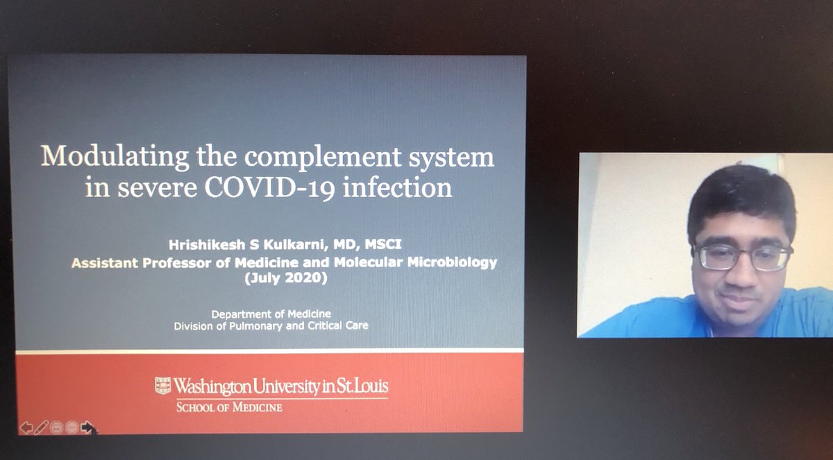 Thank you, @hskulkarni for giving our Rheum Grand Rounds today on ”Modulating the complement system in severe COVID-19 infection”! Great work! 

#COVID19 #complementsystem #rheumatology #collaboration #pulmonary @WUSTLPulmonary