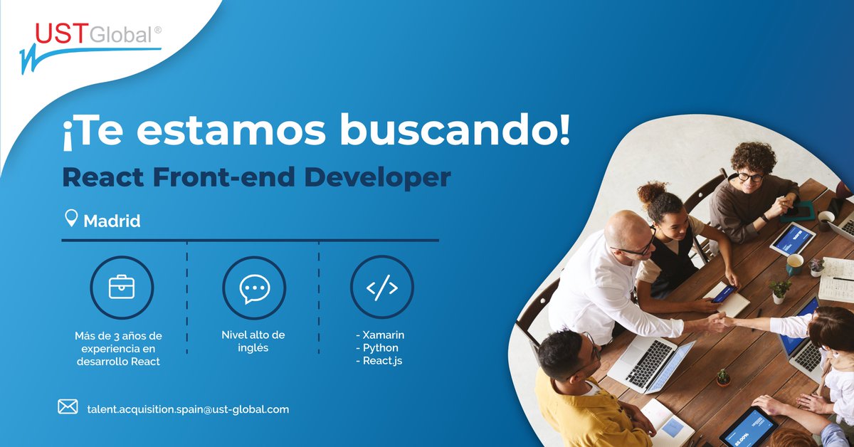 En #USTGlobal estamos buscando un React Front-end Developer. El candidato tendrá que tener más de tres años de experiencia en desarrollo #React y un nivel alto de inglés.

Entra y conoce todos los detalles👉🏻bit.ly/2yAd4HL 
#ofertaempleo