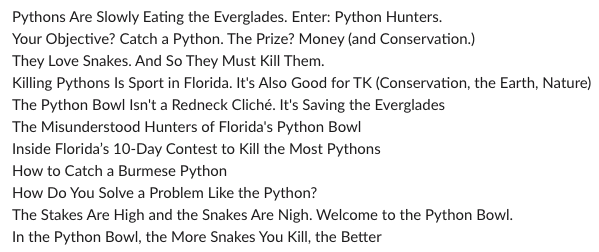 I write lots of headlines that never see the light of day—some stories get as many as 20 headlines written for them in the editing process before we choose 1 or 2 for the published product. Here are all the heds we brainstormed for  @RebeccaRennerFL's feature we published today: