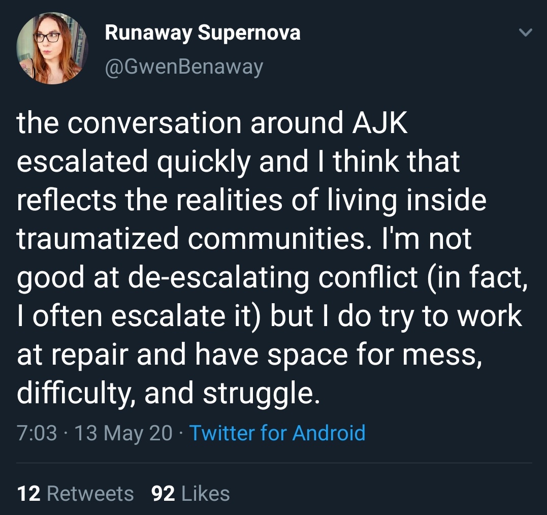 contrasting AJK's reflection vs Gwen's - its really telling where folks are coming from. AJK & cis partners/parents like her invest in allyship - in part - for their self-interest & that's why their allyship is conditional. which means its NOT allyship. Gwen is being generous.