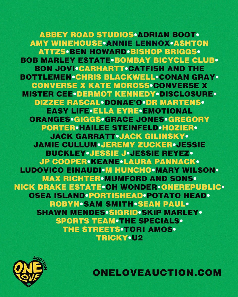 🌴💛#OneLoveAuction💛🌴

We are proud to present the One Love COVID-19 Relief Auction taking place on Thursday 21st May, with all proceeds going to <a href="/NHSCharities/">NHS Charities Together 💙</a> and <a href="/FeedingAmerica/">Feeding America</a>.

Find out more info and register to bid here: oneloveauction.com
