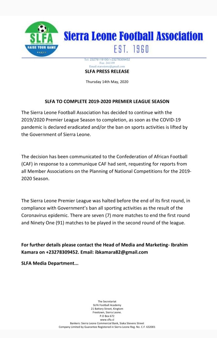SportsSie's tweet photo. BREAKING NEWS. 

The Sierra Leone football association (SLFA) has decided to continue with the 2019/20 Sierra Leone premier league season as soon as Sierra Leone is declared Covid-19 free, or when the ministry of sports lifts ban on all sporting activities in the country. https://t.co/uZ9DRg4fQP