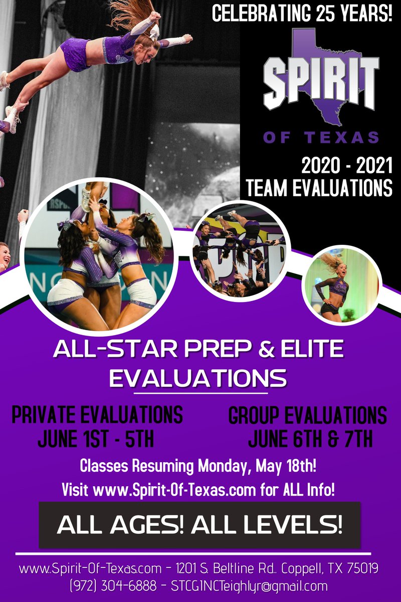 Spirit of Texas Season 2️⃣5️⃣❗️
Classes &amp; Privates Begin May 18th! 🤸‍♀️ 
Team Evaluations June 1st - 7th! 📝
Video Tryouts Available! 🎥 
All-Star Prep &amp; Elite! 🎉
ALL Ages! ALL Levels! 👨‍👩‍👧‍👦
Visit spirit-of-texas.com 💜