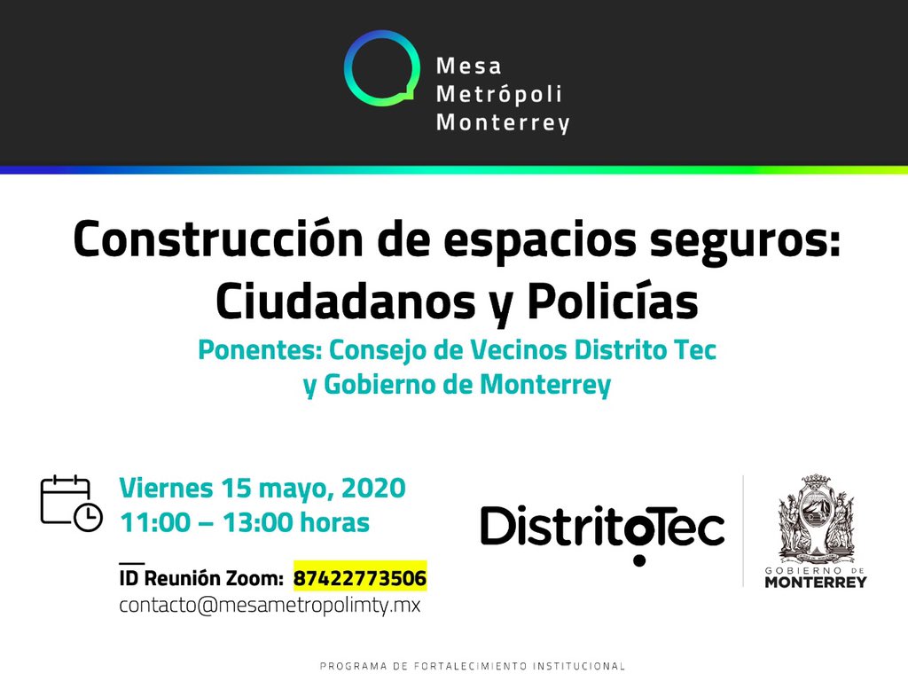 MetropoliMty's tweet photo. 📅 #15Mayo
⏰ 11:00 horas
🖥 https://t.co/HrDSb8QtU2

#CiudadanosYPolicías 
#CiudadesSeguras 

🙌
¡Mañana! 

El Consejo de Vecinos de @DistritoTec y el @mtygob @spvmty compartirán sus experiencias a través de la corresponsabilidad entre ciudadanos y autoridades. https://t.co/1Rl5Ul324D