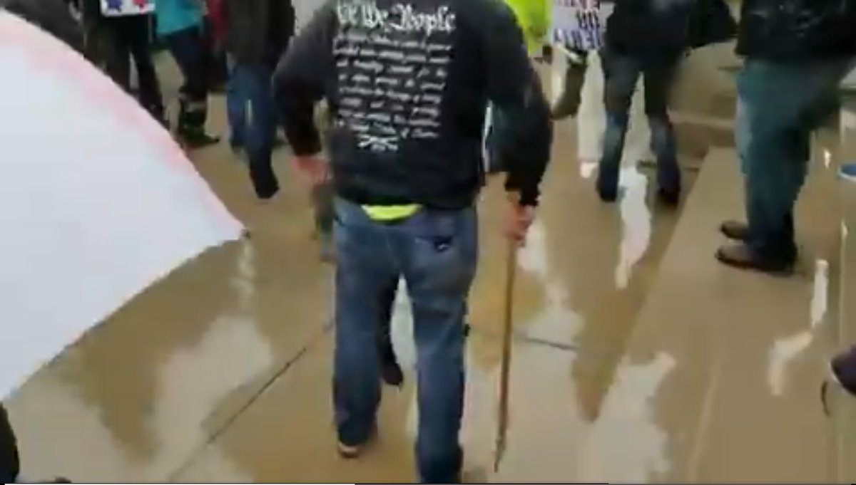 Annnnnd some dude in a "We the People" sweatshirt-- a far-right anti-government dogwhistle-- just showed up a with a fucking axe, so who knows what he's got planned. https://twitter.com/JoshuaPotash/status/1260944477629415425