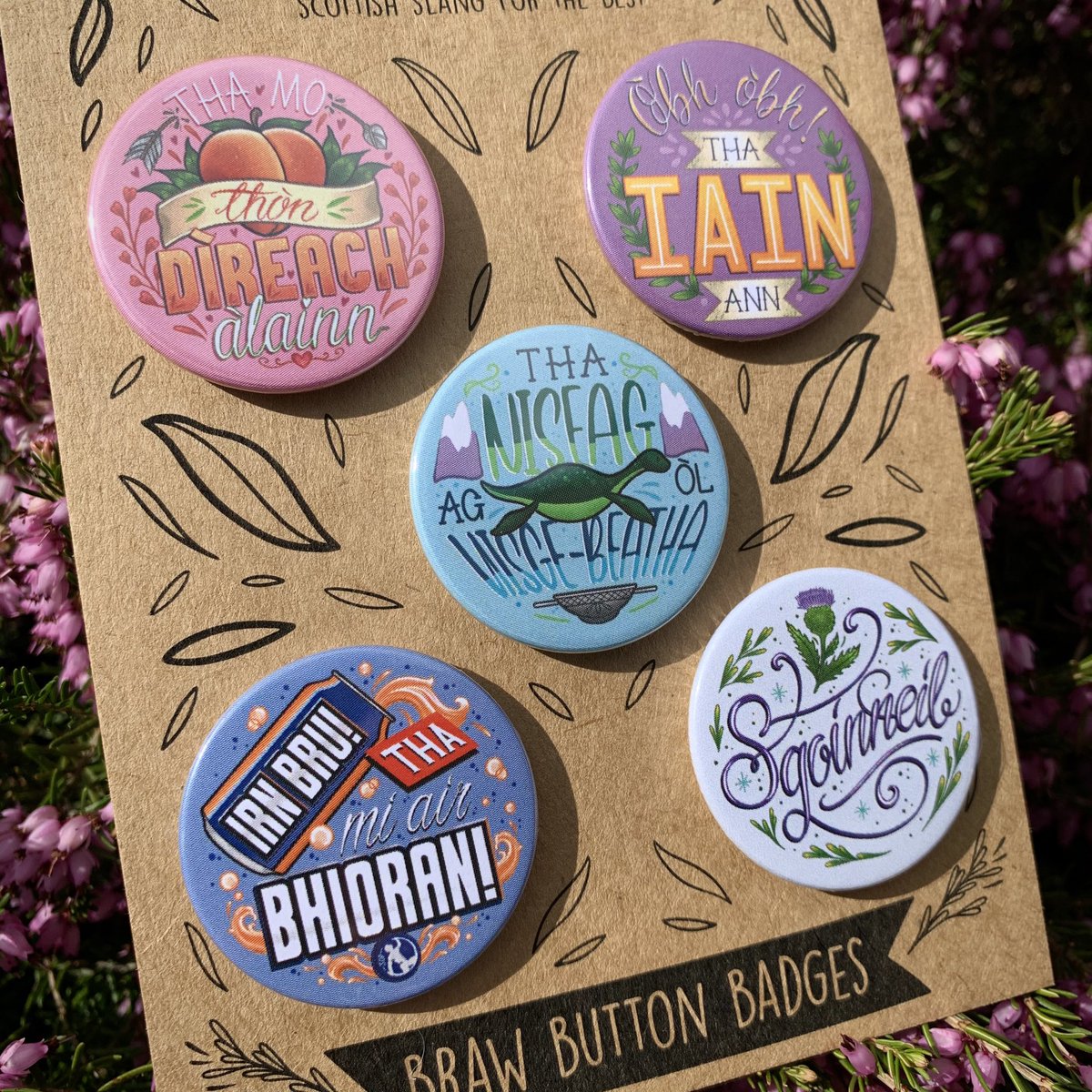 Here they are!  the whole reason my  @ScotsGaelicDuo illustrations were round! Haha! #gàidhlig button badges now available on my website!  (My actual website, not Redbubble this time)  http://www.puredeadbrilliantstore.com 