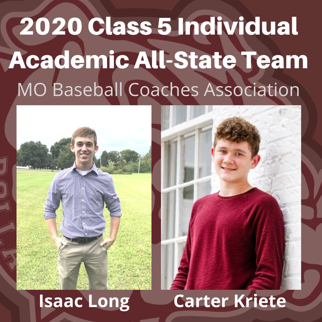 The 2020 Rolla Bulldogs Baseball team had 2 members qualify for the 2020 Class 5 Individual Academic All-State Team through the MO Baseball Coaches Association: Carter Kriete &amp; Isaac Long.
The team qualified for the Class 5 Team Award with a cumulative 3.22 GPA. #RollaBulldogs