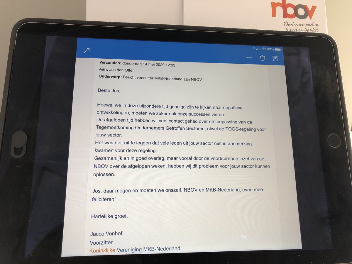 NBOVtweets's tweet photo. Vandaag ontving @JosdenOtter een mooie mail van @MKBNL over de TOGS-lobby. NBOV. Helemaal voor de bakker! #samensterk #lobby #samenwerking https://t.co/fPzhrqEpX0