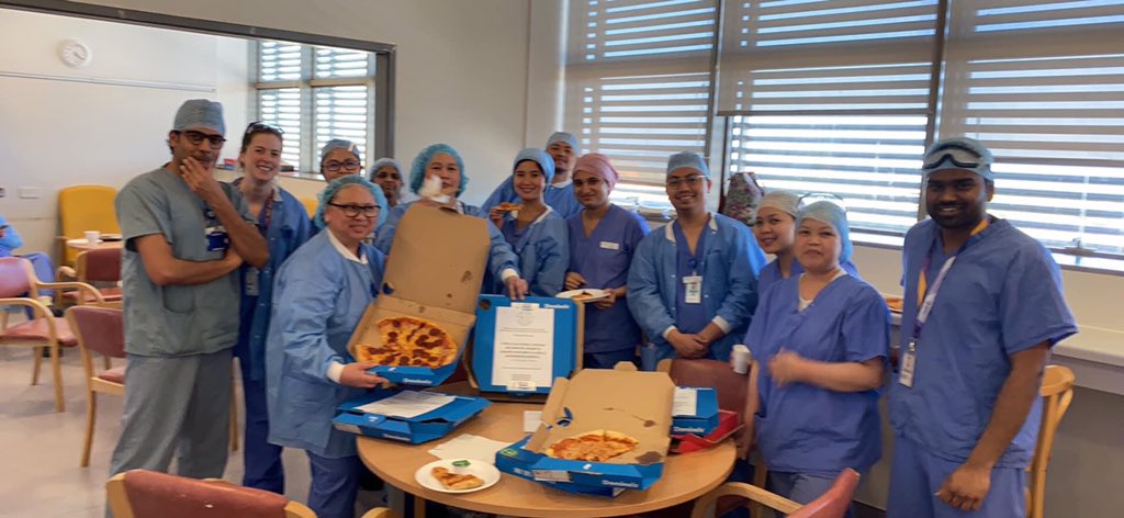 KarlP_Kp's tweet photo. Huge thank you to #FeedTheHeroes for fuelling the Theatre staff of St. Vincent’s University Hospital. #DominosPizzaParty #COVID19 https://t.co/U4q37nJ1lc