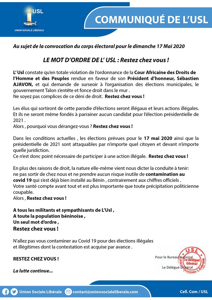 uslbenin's tweet photo. Béninoises , Béninois ..
Ce 17 Mai 2020 , #Restezchezvous !
Le jeu n’en vaut pas la chandelle 
Ne prenez aucun risque.
Lire le mot d’ordre officiel de L’#USL.. https://t.co/n0kQO2YNer