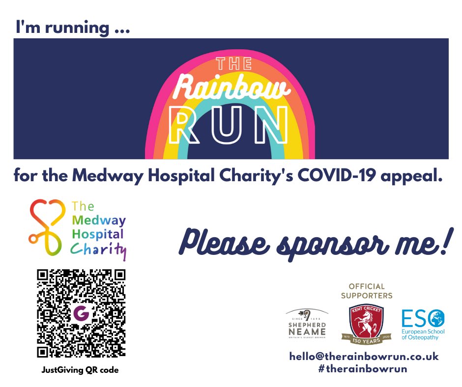 There are 400+ signed up for Sunday's #TheRainbowRun. You can sponsor them and help raise vital funds for the Medway Hospital Charity’s #covid19 appeal: justgiving.com/fundraising/th…

<a href="/Medway_NHS_FT/">Medway NHS Foundation Trust</a> 
#kent #Medway #Rochester
#superkent 
#nhs 
#nhsheroes 
#clapforcarers