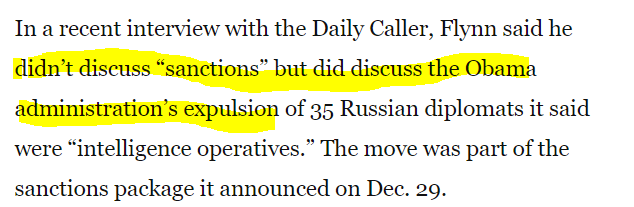 17/ here's an important addition which I just noticed. On Feb 16, WaPo article observed that Flynn had acknowledged discussing "expulsions" but denied discussing "sanctions".   https://www.washingtonpost.com/world/national-security/flynn-in-fbi-interview-denied-discussing-sanctions-with-russian-ambassador/2017/02/16/e3e1e16a-f3d5-11e6-8d72-263470bf0401_story.html archive  http://archive.is/1Wct0 