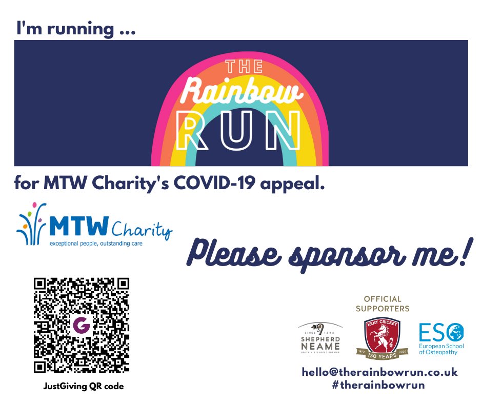 There are 400+ signed up for Sunday's #TheRainbowRun. You can sponsor them and help raise vital funds for MTW Charity’s #covid19 appeal: justgiving.com/fundraising/th…
<a href="/MtwCharity/">Maidstone and Tunbridge Wells NHS Charitable Fund</a> #Maidstone #tunbridgewellls #tonbridge #cranbrook 
#kent 
#superkent 
#nhs 
#nhsheroes 
#clapforcarers