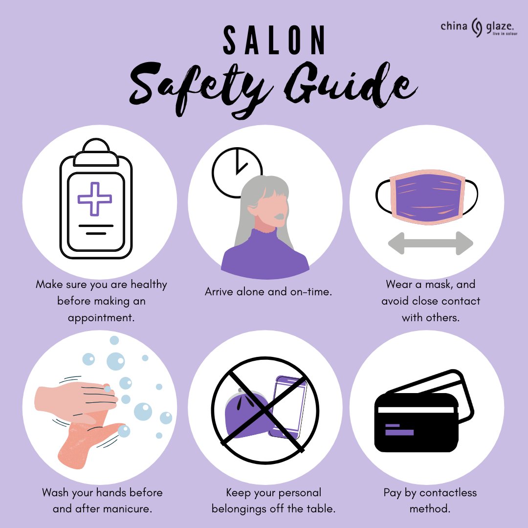 ChinaGlaze's tweet photo. With some states opening back up, we want to make sure our #CGClique is being safe, as they travel to and from the nail salon. 💜 Here are some suggested guidelines to keep everyone happy and healthy! https://t.co/Mq0UYnKQUt