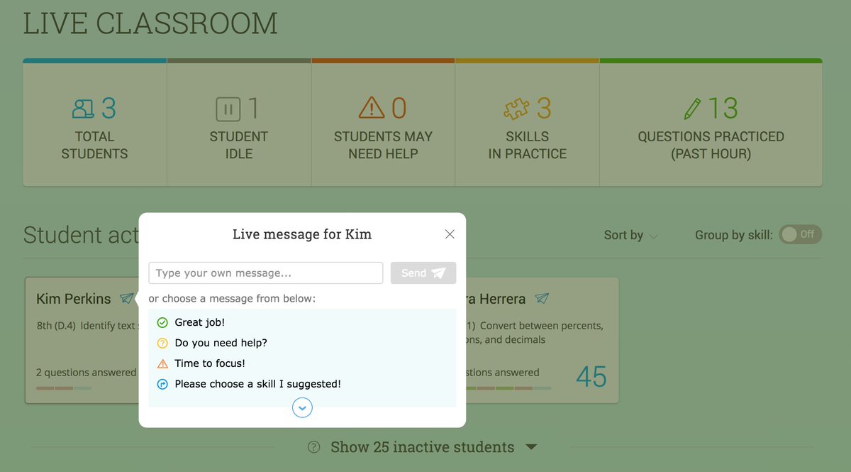 edtechkristina's tweet photo. Teachers asked and @IXLLearning answered! Live Message is now available on the Live Classroom. Click on the airplane to send a message to a student. The student will see that message on their screen and can react with a symbol (like a check mark, question mark, or smiley face)! https://t.co/SXMXQgbY4Y