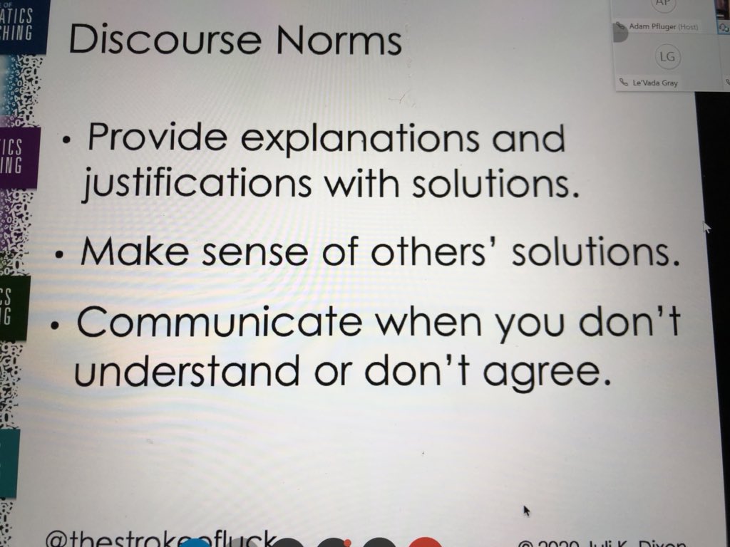 LeslieCRichard2's tweet photo. Discourse norms that work with virtual classrooms from Juli Dixon #AmazingPD #PleaseComeTalkinmyDistrict @thestrokeofluck @JEFCOED https://t.co/uMlG1yHEj3