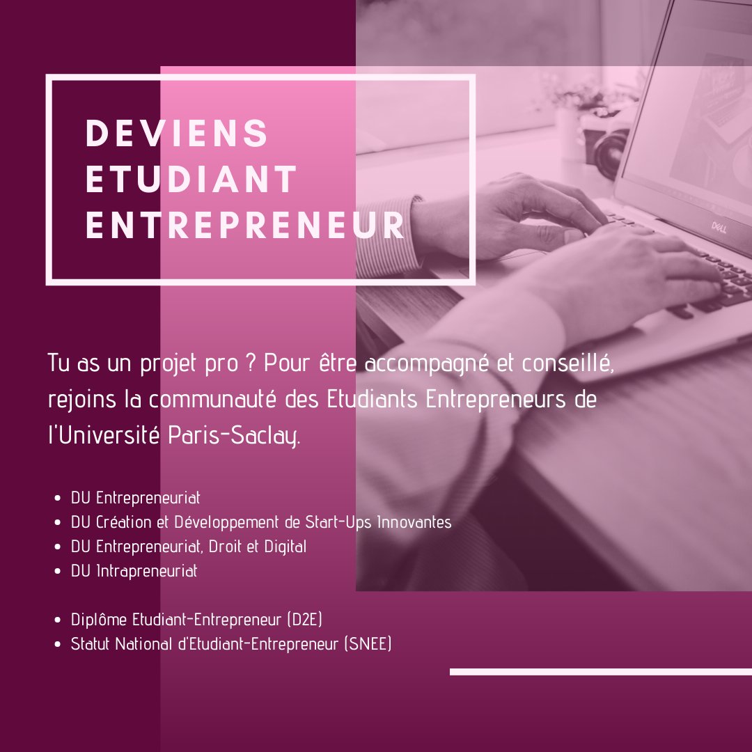 Tu as un #projet entrepreneurial et tu souhaites être accompagné et aidé tout au long de l’année ? Rejoins la communauté d’étudiants #entrepreneurs de l’<a href="/UnivParisSaclay/">Université Paris-Saclay</a> en candidatant à un D.U. axé sur l’#entrepreneuriat.

bit.ly/3cz57kN

#candidature #SNEE #D2E