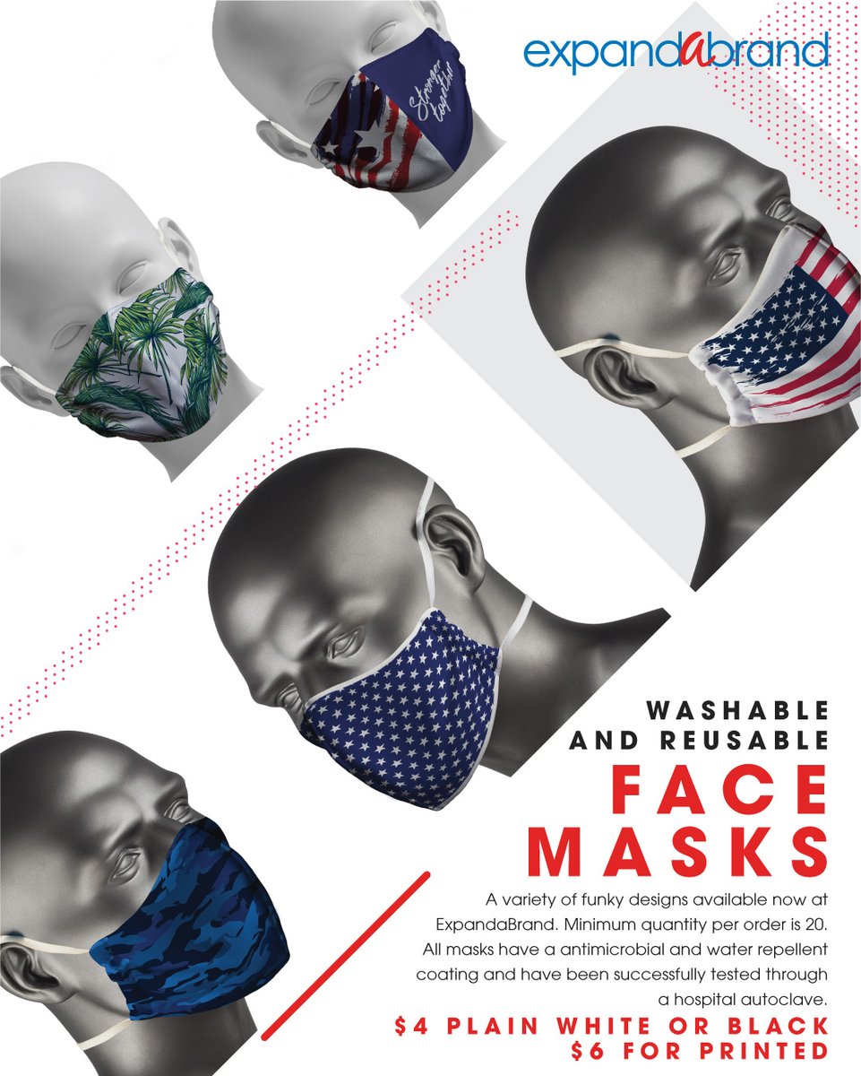 ExpandaBrandUSA's tweet photo. We now stock washable and renewable face masks. Minimum quantity per order is 20.
💲4 for plain white or black
💲6 for printed styles
Antimicrobial &amp; water repellent coating, successful hospital autoclave testing.
Inquire about ordering https://t.co/egDGLSA9y5
#protectyourtribe https://t.co/vqTrln7VBc