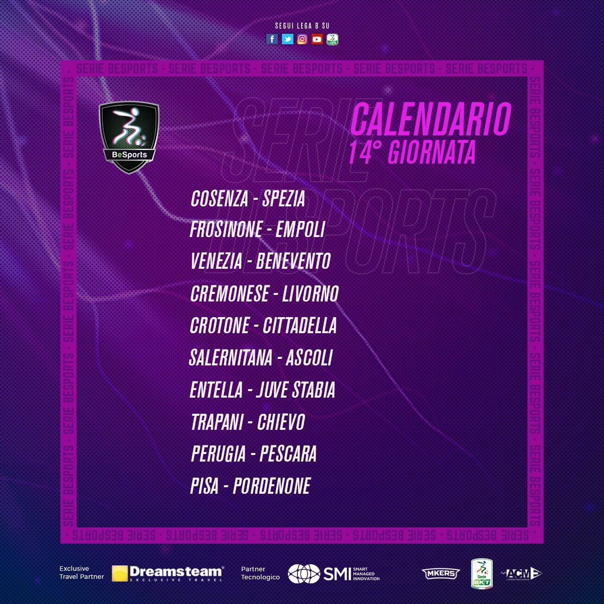 Lega_B's tweet photo. ๐ฎโฝ Questa sera alle 21:00 torna il campionato #BeSports con la 14^ giornata. La 1^ lega virtuale della #SerieB creata insieme a #DreamsTeamExclusiveTravel #SMITechnologies&Consulting #Mkers e #ACME_Communication giocata interamente su #PES2020.
๐ Queste le sfide di stasera https://t.co/WfPAu0rqaS
