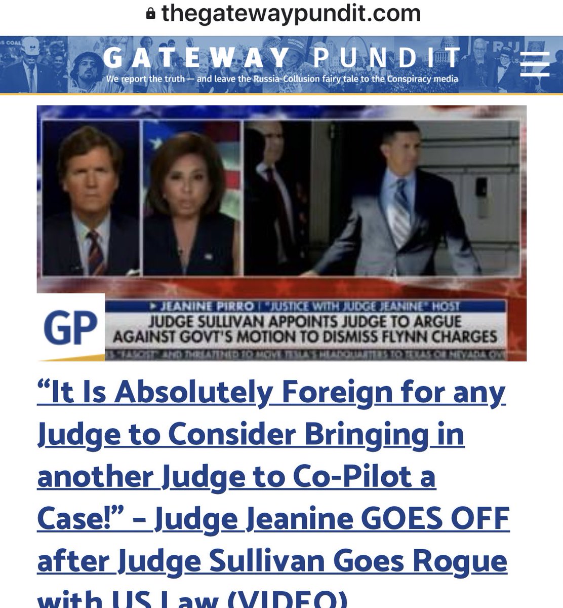 LovelyGigi33's tweet image. Crooked Judge Sullivan Goes Rogue wt US Law, and Appoints Anti-Trump Judge John Gleeson 2Decide Flynn Case

Law Professor Turley Speaks Out Against Sullivan’s Decision

Judge Jeanine, It’s absolutely Foreign for any Judge to Consider Bringing in another Judge to Co-Pilot a Case!”