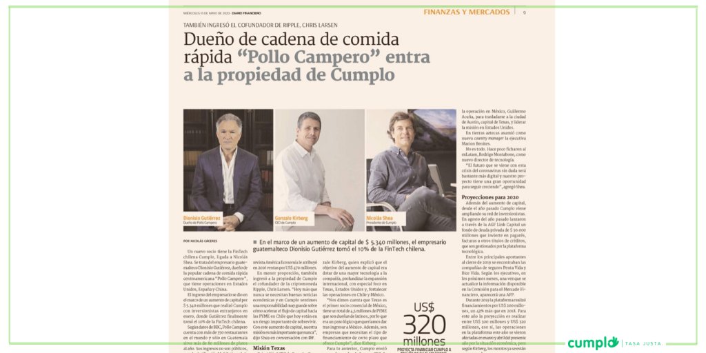 cumplo's tweet photo. Buenas noticias: “el empresario e inversor guatemalteco Dionisio Gutierrez adquiere el 10% de la creciente fintech Cumplo a través de un aumento de capital” https://t.co/Ao9Pay8ggu