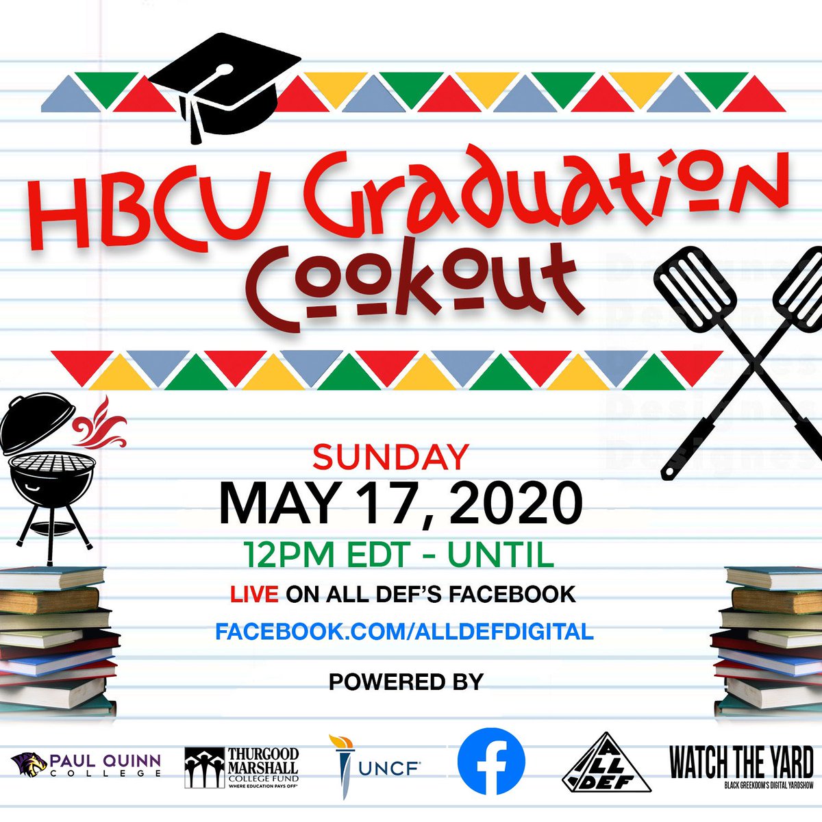 AllDefNation's tweet photo. All Def Fam we are joining President @BarackObama #Graduation2020 weekend! Sunday May 17th - We will be hosting a #HBCUGraduation Cookout to celebrate all the #HBCUGrad2020 on @Facebookapp
Host: @DarrenBrand_ - @ncatsuaggies Alum
Powered by: @UNCF @TMCF_HBCU @watchtheyard https://t.co/S8tqvY2dcc