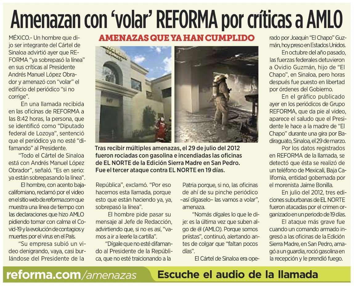 Denise Dresser (@denisedresserg) on Twitter photo Cuando <a href="/lopezobrador_/">Andrés Manuel</a> agrede a la prensa, da permiso para que otros también lo hagan. Tratar al periódico como piñata personal desmerece al presidente, atiza el odio de sus seguidores, y exige la defensa de quienes orgullosamente escribimos ahí. 
Mi solidaridad con <a href="/Reforma/">REFORMA</a> Cuando <a href="/lopezobrador_/">Andrés Manuel</a> agrede a la prensa, da permiso para que otros también lo hagan. Tratar al periódico como piñata personal desmerece al presidente, atiza el odio de sus seguidores, y exige la defensa de quienes orgullosamente escribimos ahí. 
Mi solidaridad con <a href="/Reforma/">REFORMA</a>