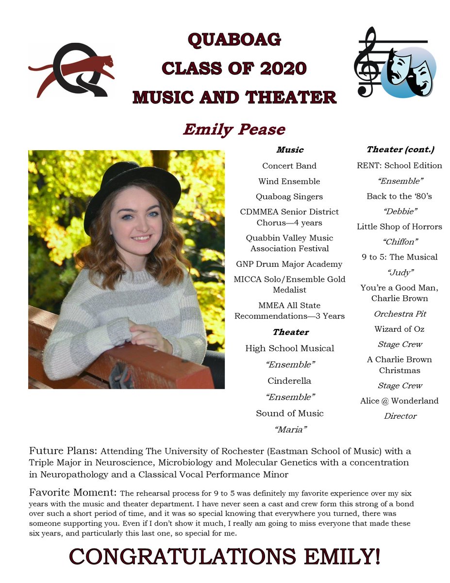 QuaboagMusic's tweet photo. Quaboag Performing Arts Senior Spotlight.  Congratulations Emily!
#ClassOf2020 https://t.co/wzHduBJZYJ