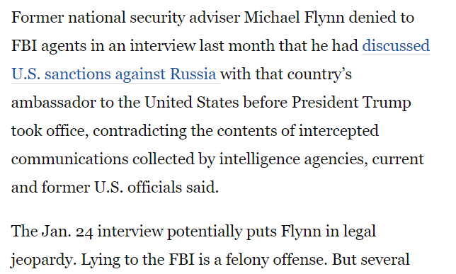 18/ this was passing comment in article which leaked information about Flynn's answers to FBI agents on Jan 24 about whether Flynn had lied about talking about sanctions.