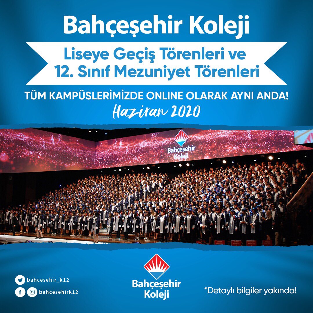 bahcesehir_k12's tweet photo. Fark Yaratacak Bir Nesil Mezun Oluyor🎓

Bahçeşehir Koleji Liseye Geçiş Törenleri ve 12. Sınıf Mezuniyet Törenleri coşkusunu tüm kampüslerimizde online olarak aynı anda yaşayacağız! 🎊👩🏻‍🎓👨🏻‍🎓🎉

#bahçeşehirkoleji 
#Haziran2020 
#classof2020 https://t.co/pqtu8xeW1s