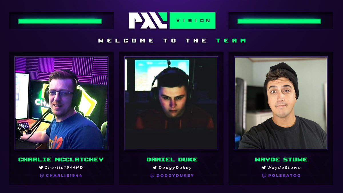 PixelizedVision's tweet photo. We're happy to announce the first 3 members to join us on our journey at Pixelized Vision!
Check these guys out!
β’ @Charlie1944HD | Variety Video Game Streamer
β’ @DodgyDukey | Fortnite Player & Streamer
β’ @WaydeStuwe | Content Creator & Streamer
#PixelizedVision | #PXL2020 https://t.co/ebf5A6cCcn